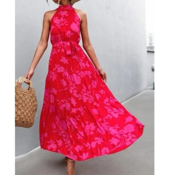 . Dresses & Skirts - red pink floral print belted halter maxi dress -  Boho